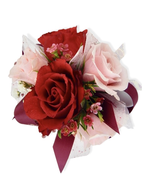 Spray Roses, delicate wax flowers and delicate ribbon detail
