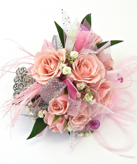 Pink Spray Roses, Babies Breath, fluttery feathers, ribbons and bling