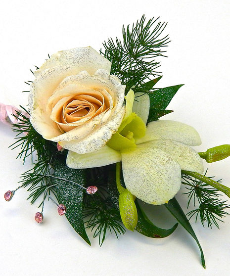 Charm & sparkle adorn this mini rose & orchid with bling & hand ribbon wrap detailing