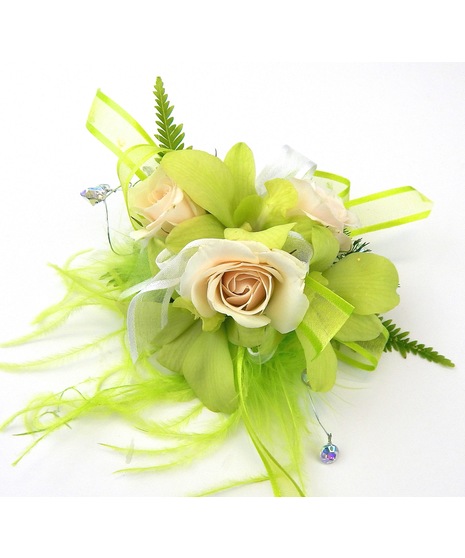 Wrist Corsage of variegated fuchsia Dendrobium Orchids, with accent blooms, ribbon layers, beads and feathers. Add an optional keepsake jewelry band