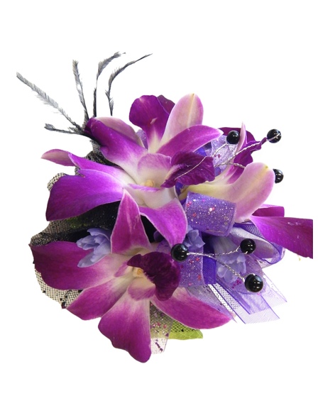 Wrist Corsage of variegated fuchsia Dendrobium Orchids, with accent blooms, ribbon layers, beads and feathers. Add an optional keepsake jewelry band