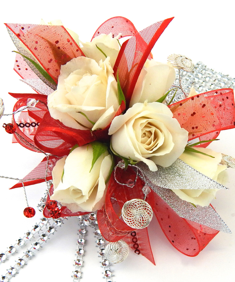 Spray roses with ribbon and rhinestone accents wrist corsage