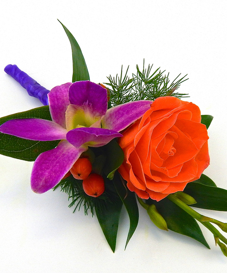 Bold orchids and spray roses with festive flair