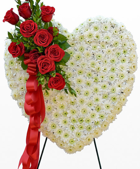 Red and White Heart Shaped Funeral Flowers